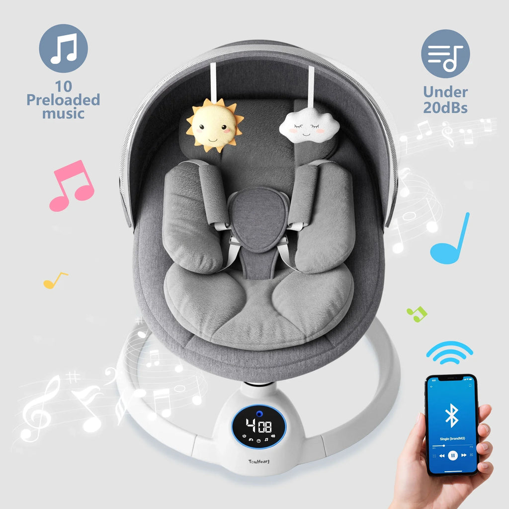 Electric Baby Swing, Infant Rocker with Bluetooth & Remote,5 Speeds,10 Lullabies,3 Timing, Grey