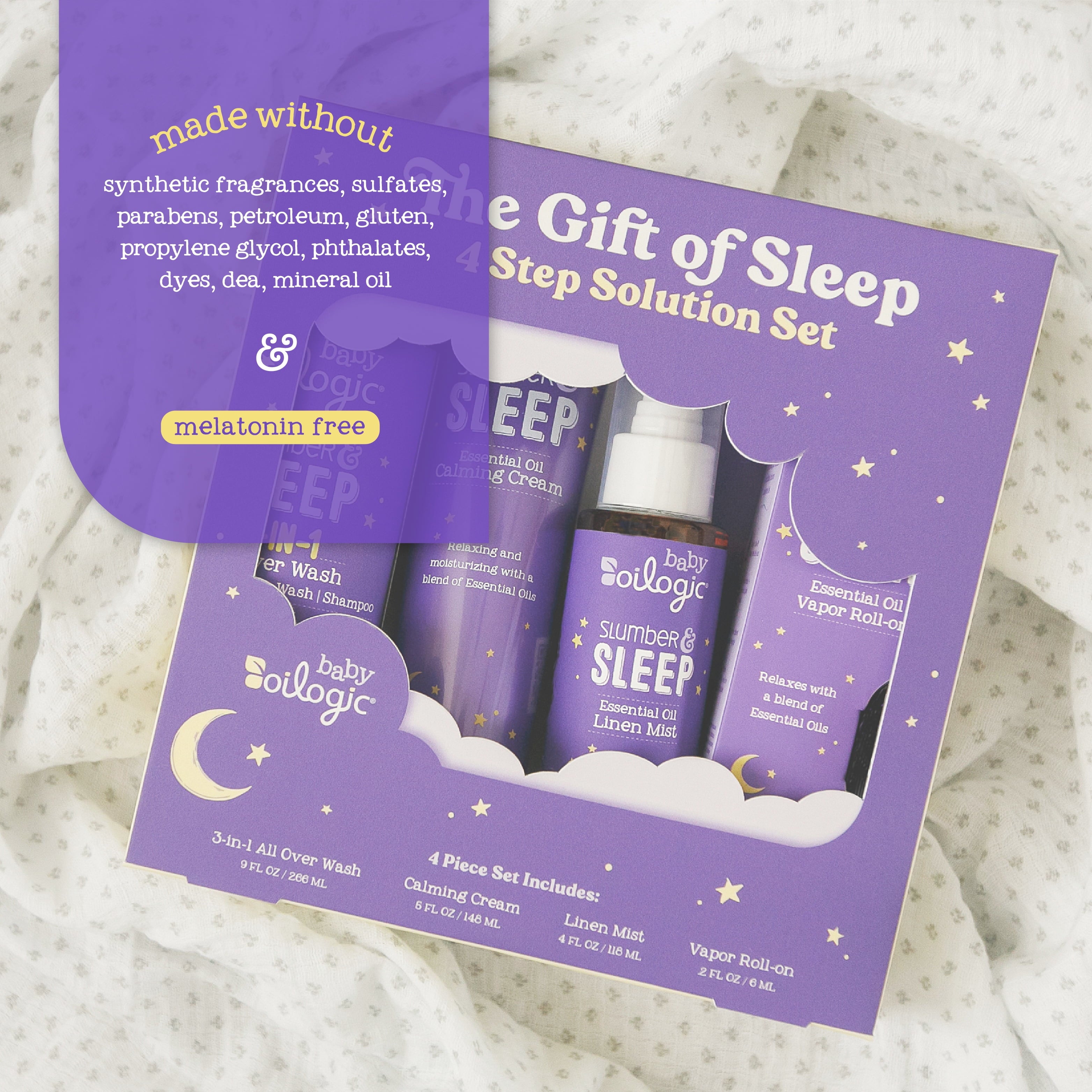 , the Gift of Sleep, Baby Sleep Bundle Using Essential Oils, Essential Oil Roll on .2 Oz, All-Over Wash 9 Oz, Calming Cream 5 Oz, Linen Mist, 4 Oz