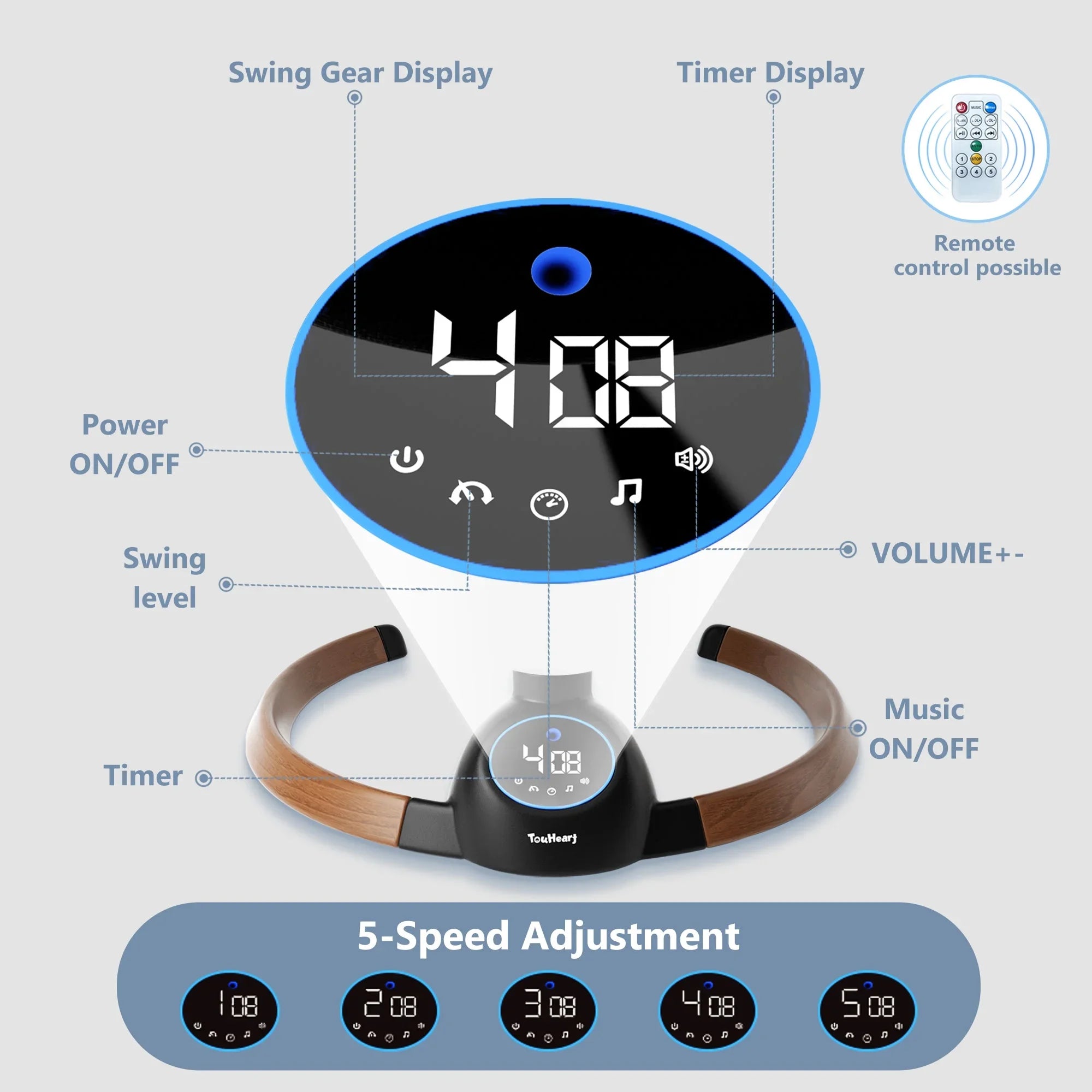 Electric Baby Swing, Infant Rocker with Bluetooth & Remote,5 Speeds,10 Lullabies,3 Timing, Grey