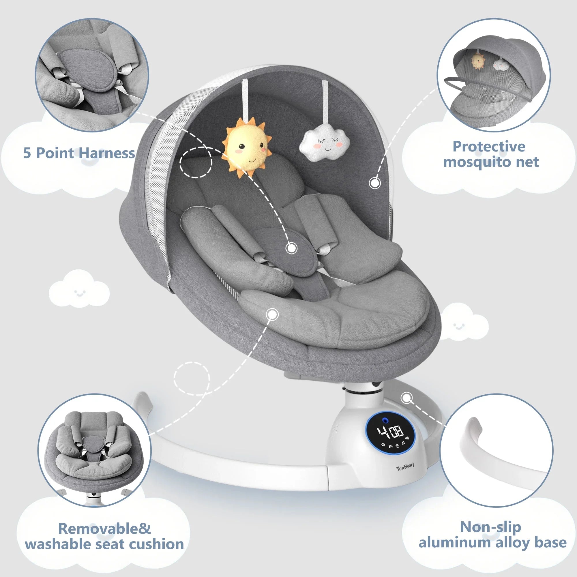Electric Baby Swing, Infant Rocker with Bluetooth & Remote,5 Speeds,10 Lullabies,3 Timing, Grey