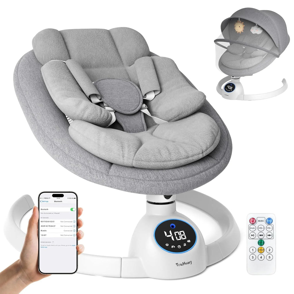 Electric Baby Swing, Infant Rocker with Bluetooth & Remote,5 Speeds,10 Lullabies,3 Timing, Grey