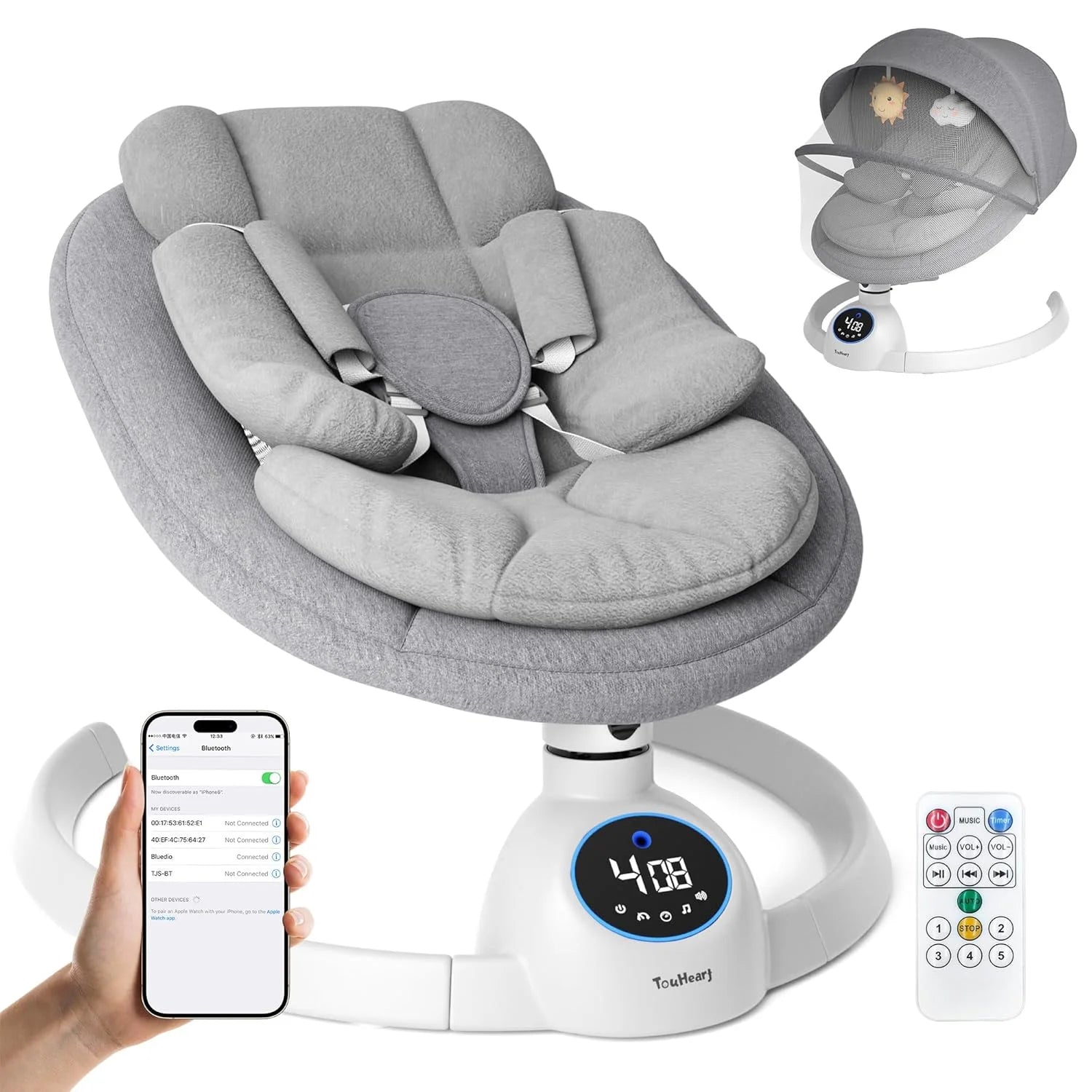 Electric Baby Swing, Infant Rocker with Bluetooth & Remote,5 Speeds,10 Lullabies,3 Timing, Grey