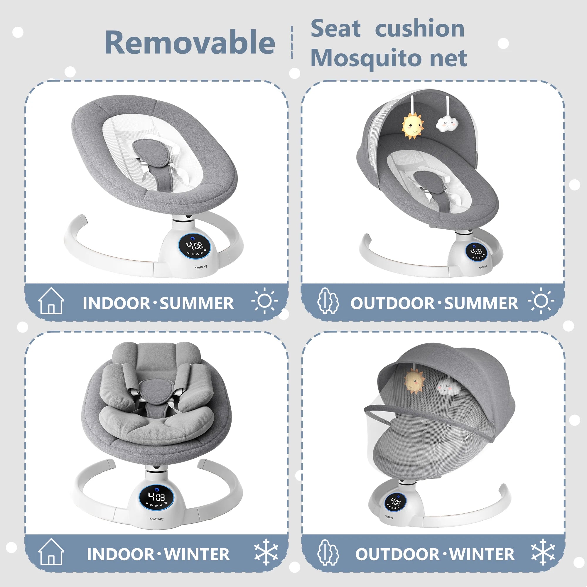 Electric Baby Swing, Infant Rocker with Bluetooth & Remote,5 Speeds,10 Lullabies,3 Timing, Grey