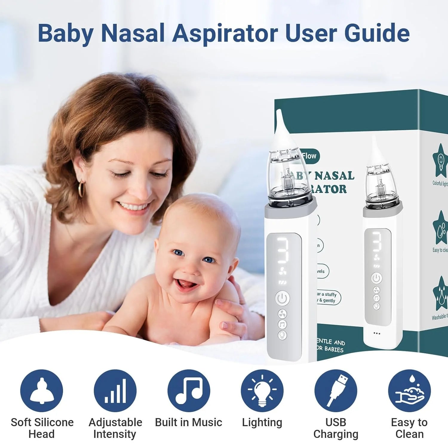 Baby Nasal Aspirator, Baby Nose Sucker, Electric Nose Aspirator for Toddler, Automatic Baby Nose Cleaner with 3 Suction Level & Music & Light