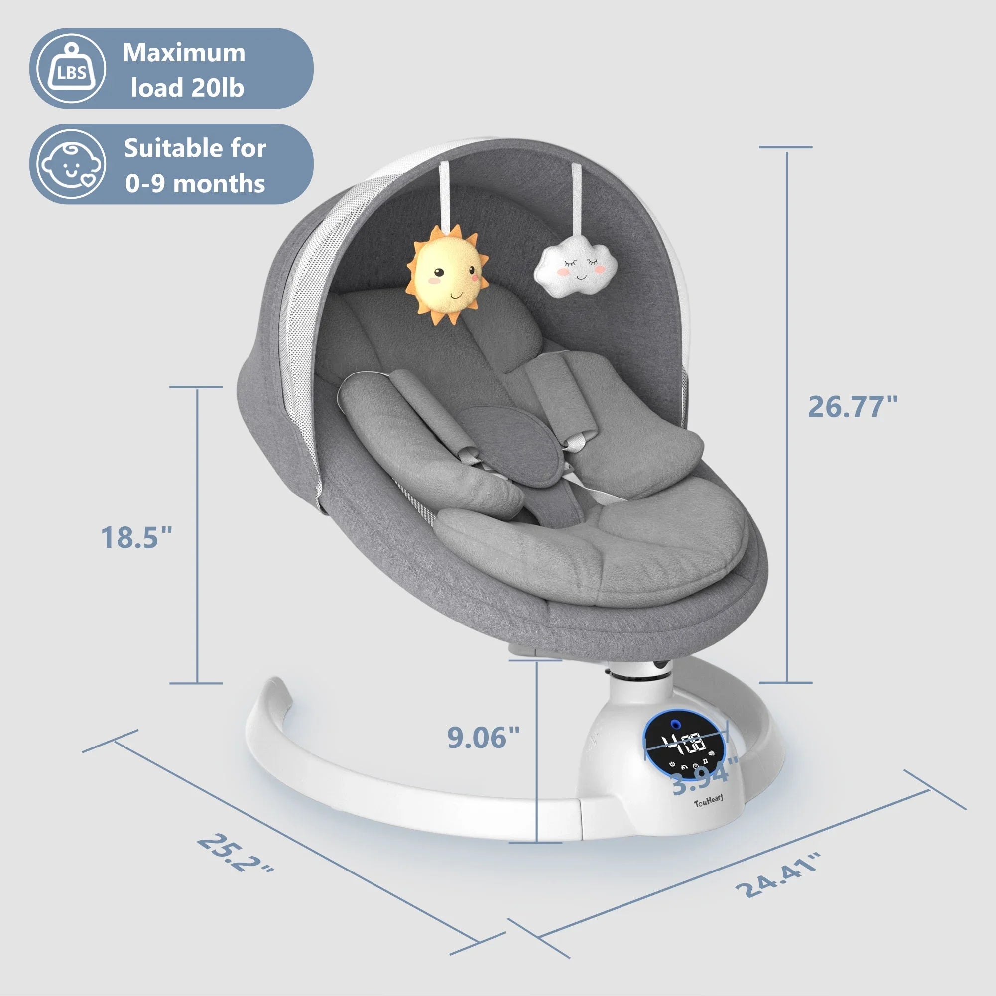 Electric Baby Swing, Infant Rocker with Bluetooth & Remote,5 Speeds,10 Lullabies,3 Timing, Grey